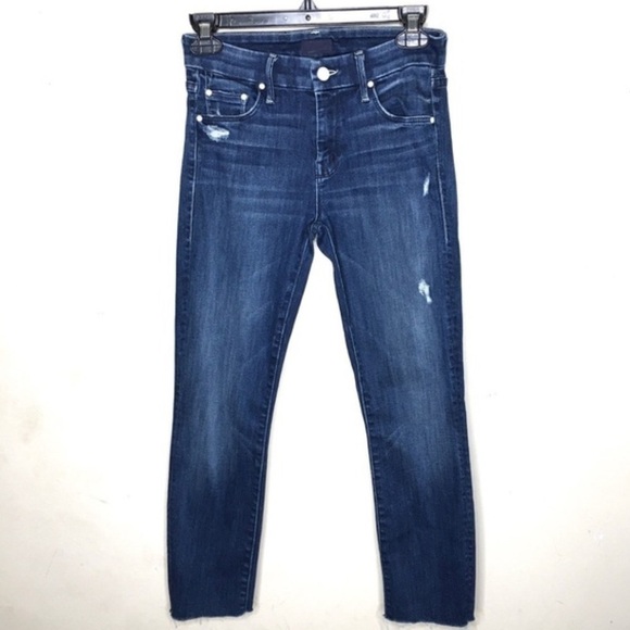 MOTHER The Looker Skinny Jeans Dark Graffiti Blue Distressed Denim Size 26 - Picture 2 of 16